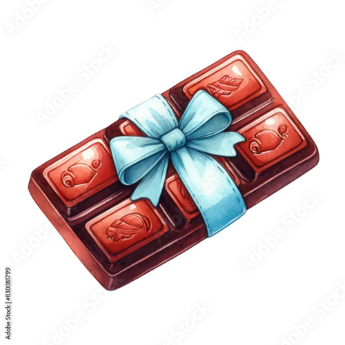 A watercolor painting of a chocolate bar wrapped with a blue ribbon. photo