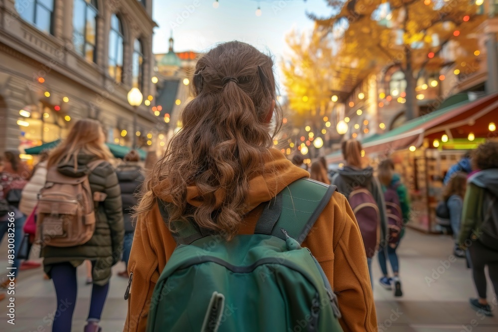 Student with school bag standing in front of school. back to school concept Student with school bag standing in front of school. back to school concept