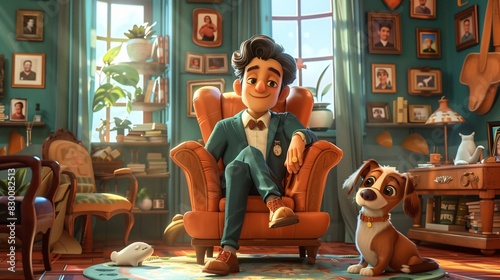 A man in a suit is sitting in a chair with a dog next to him