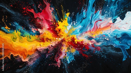 A painting of a colorful explosion with red  yellow  and blue splatters