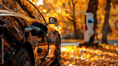 An electric charging station surrounded by vibrant autumn leaves in a public park, emphasizing sustainability and eco-friendly transportation