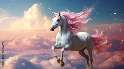 Unicorn riding in sky on clouds © neirfy