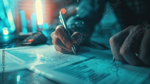 analysis working with the latest financial results. Analysis of sales forecast graphs, financial accounting with hand writing Abstract digital effect for background