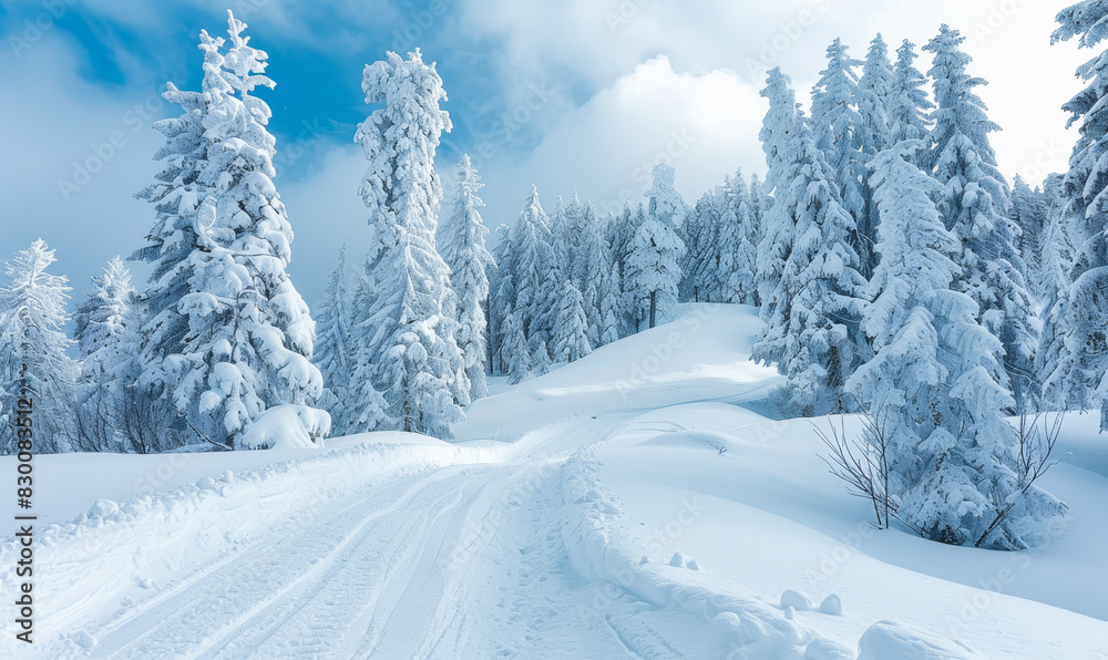 Serene Snow Covered Pine Trees on Winter Hill Under Clear Sky in Daytime, Pristine Winter Landscape for Nature and Relaxation Concepts Serene Snow Covered Pine Trees on Winter Hill Under Clear Sky in Daytime, Pristine Winter Landscape for Nature and Relaxation Concepts