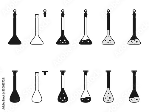 volumetric flask vector set.  laboratory chemical glassware equipment. flat design illustration isolated on white background.