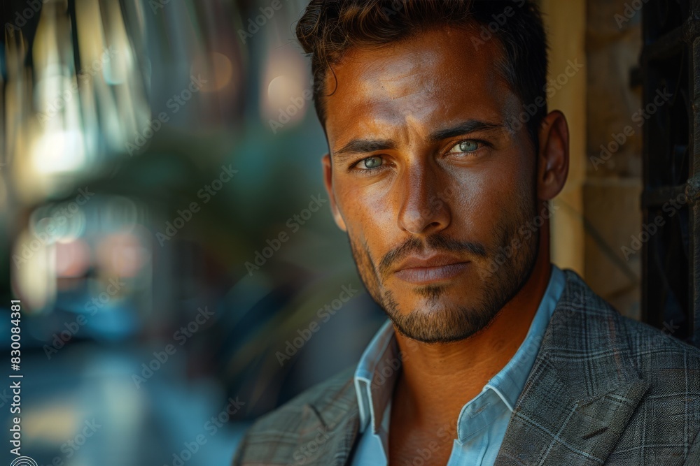 A handsome man in smart casual wear expresses a penetrating stare against a blurry outdoor background A handsome man in smart casual wear expresses a penetrating stare against a blurry outdoor background