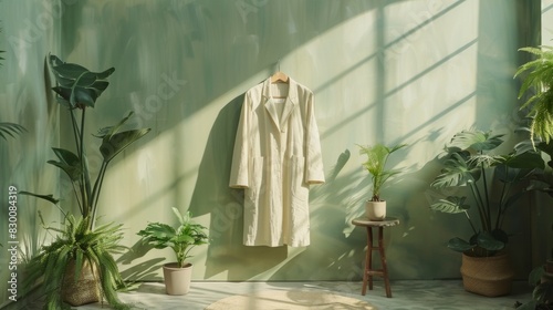 Serene Indoor Garden with White Robe Hanging amid Lush Greenery. Generative ai