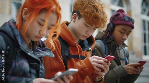 Young Diverse Friends Focused on Their Smartphones Outdoors. Generative ai © Iuliia Metkalova