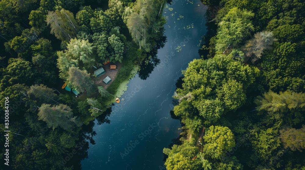An aerial view of a campsite in the middle of a lush forest by the river. An aerial view of a campsite in the middle of a lush forest by the river.