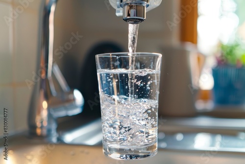 Filling glass with clean, drinkable water from the kitchen faucet for a healthy lifestyle