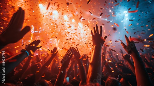 Energetic Concert Crowd Celebrating with Confetti and Lights. Generative ai