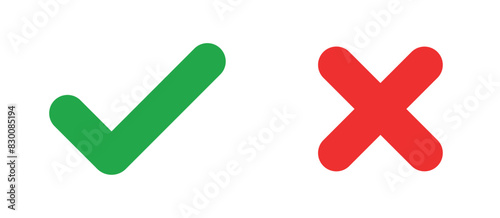 Sharp green checkmark and red cross on isolated white background vector symbol for right and wrong choices. Modern flat design, Checkmark icon set. Checkmark right symbol tick sign
