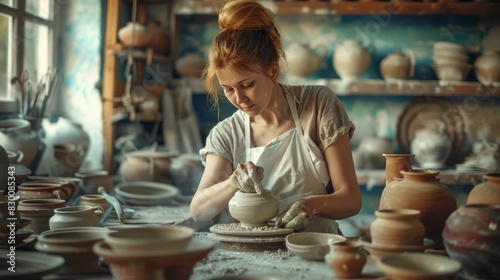 Artistic Female Potter Molding Clay on Pottery Wheel in Rustic Studio. Generative ai