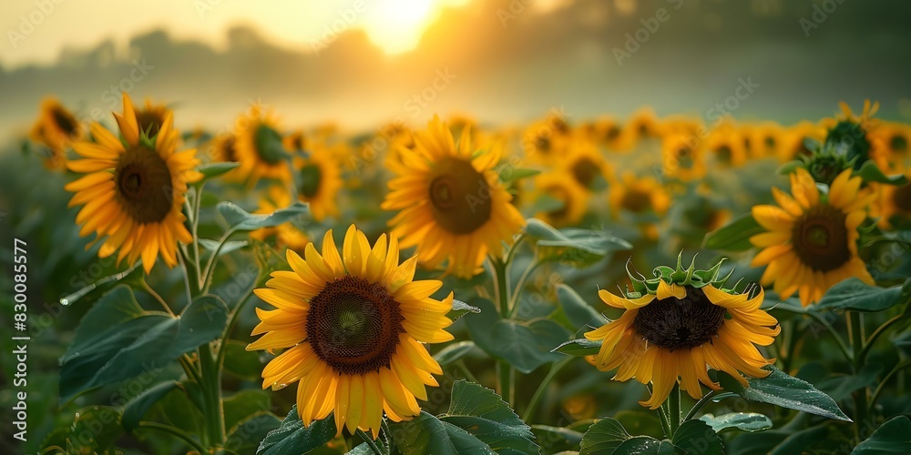 Obraz premium A sunflower field awakens at sunrise in a scenic view as the golden blossoms turn their faces towards the emerging rays of the morning sun. Concept Nature, Sunflower Field, Sunrise, Scenic View