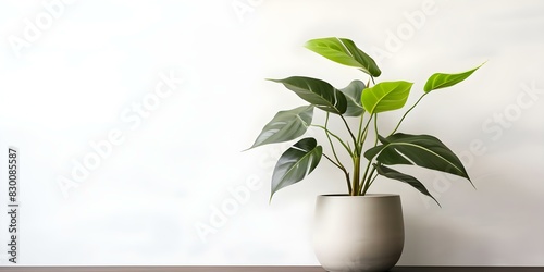 Vintage pastel-themed Philodendron plant with green and black leaves against a white background. Concept Pastel Decor  Vintage Aesthetics  Philodendron Plant  Green Leaves  White Background