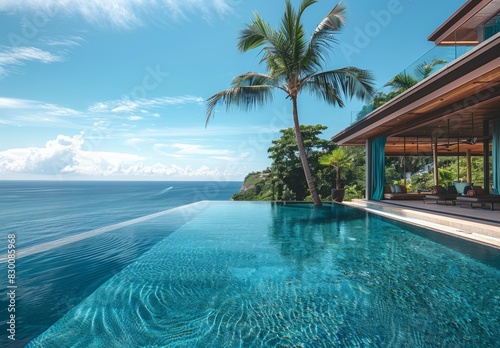 A secluded villa  palm trees swaying  an infinity pool merging with turquoise ocean. Sunlight dances  casting ethereal patterns  creating a serene oasis of luxury and tranquility.