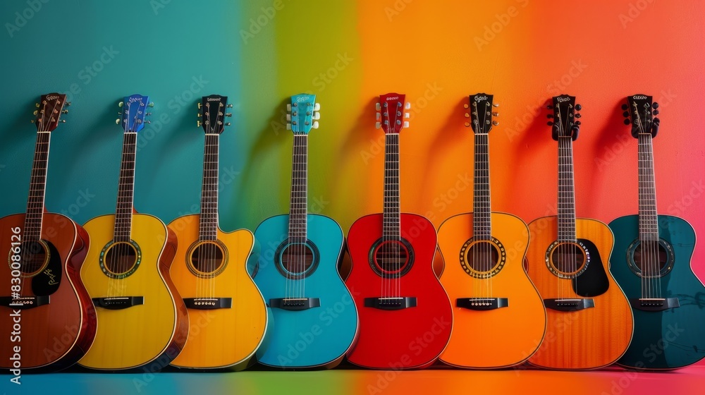 Naklejka premium Colorful acoustic guitar on vibrant background, music, hobby, electronic music festival, music festival, summer party, party, vocal, art, artistic, 4k HD wallpaper, background, generated by AI.