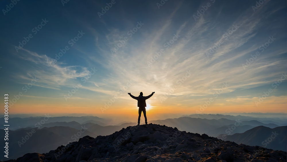 A lone person stands on top of a big mountain with hands towards the sky as to celebrate their achievement