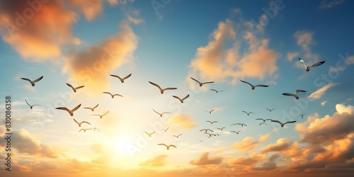 Peaceful summer morning sky with flying flock of birds symbolizing new beginnings. Concept Natural Beauty, Serene Landscape, Tranquil Moments, Hopeful Future, Inspirational Views
