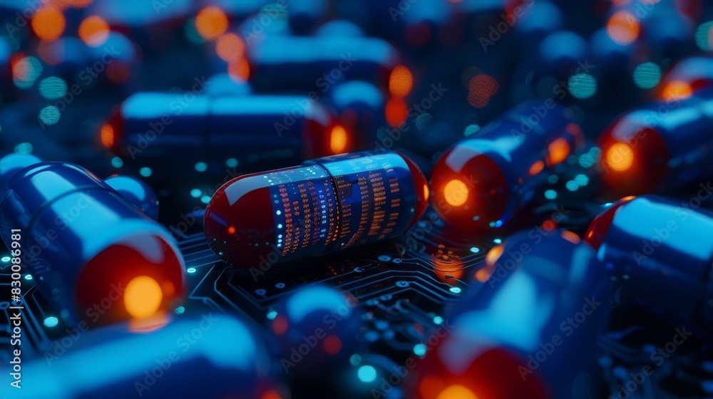 Close up of multiple blue and red pills, each with visible digital code inside them. The dark background has glowing lights, creating an atmosphere that suggests advanced technology Close up of multiple blue and red pills, each with visible digital code inside them. The dark background has glowing lights, creating an atmosphere that suggests advanced technology