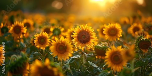 Sunrise over a sunflower field: A breathtaking sight as the golden blossoms greet the morning sun. Concept Sunrise, Sunflower Field, Golden Blossoms, Morning Sun, Breathtaking Sight photo