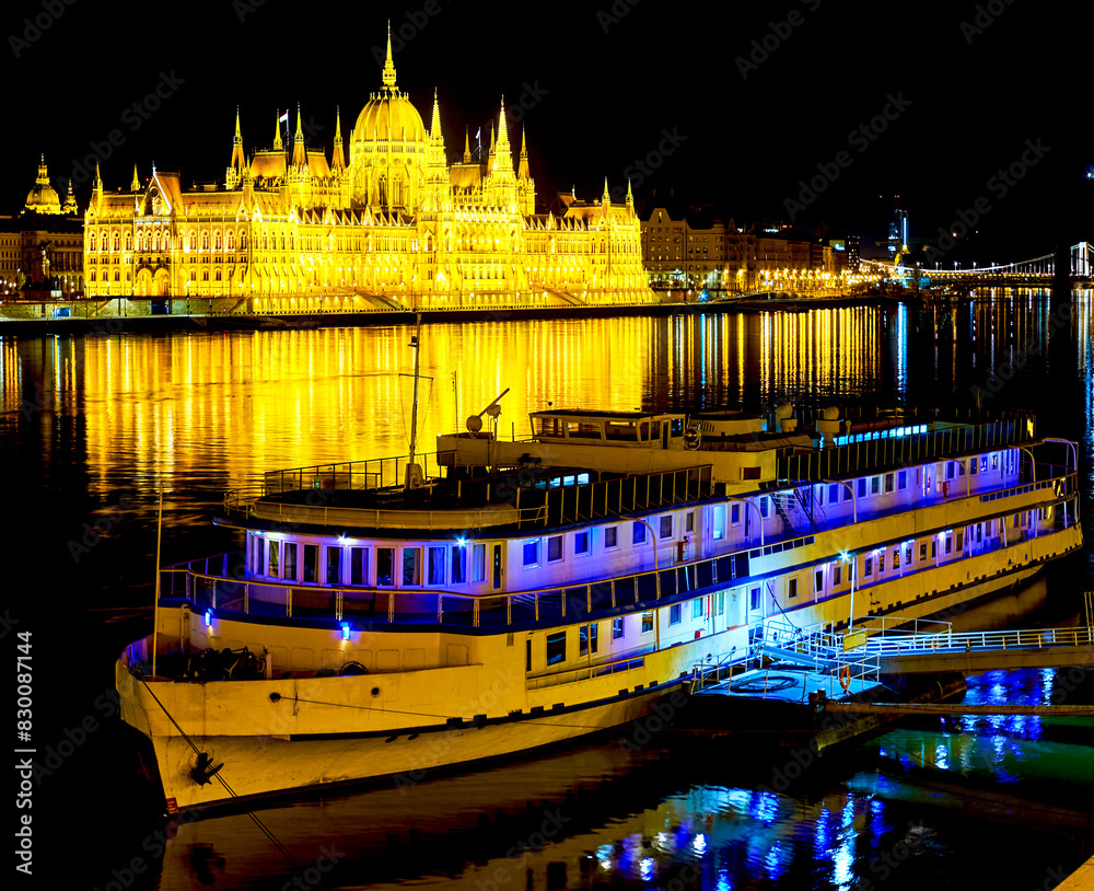 Fototapeta Parliament building in bright night illumination, Budapest, Hungary