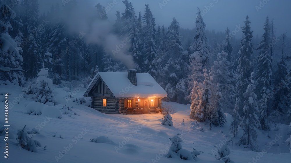 a cozy winter cabin surrounded by snow-covered trees
