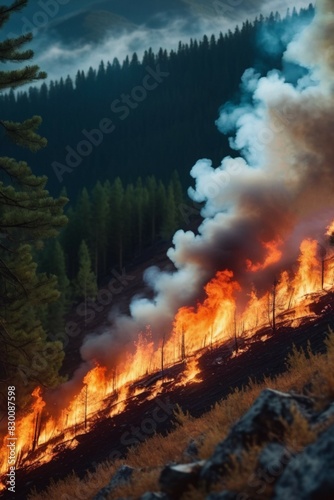 Forest fire burning. Human-lit bonfire led to wildfire. Heatwave causes forest burning rapidly and destroyed. Pine trees burned during the dry season. Natural disaster, natural calamity, cataclysm.