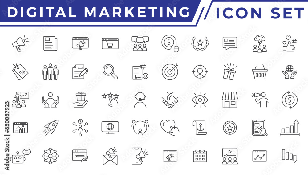 Digital marketing icons set. Content, search, marketing, ecommerce, seo, electronic devices, internet, analysis, social and more line icon. Digital marketing icons set. Content, search, marketing, ecommerce, seo, electronic devices, internet, analysis, social and more line icon.