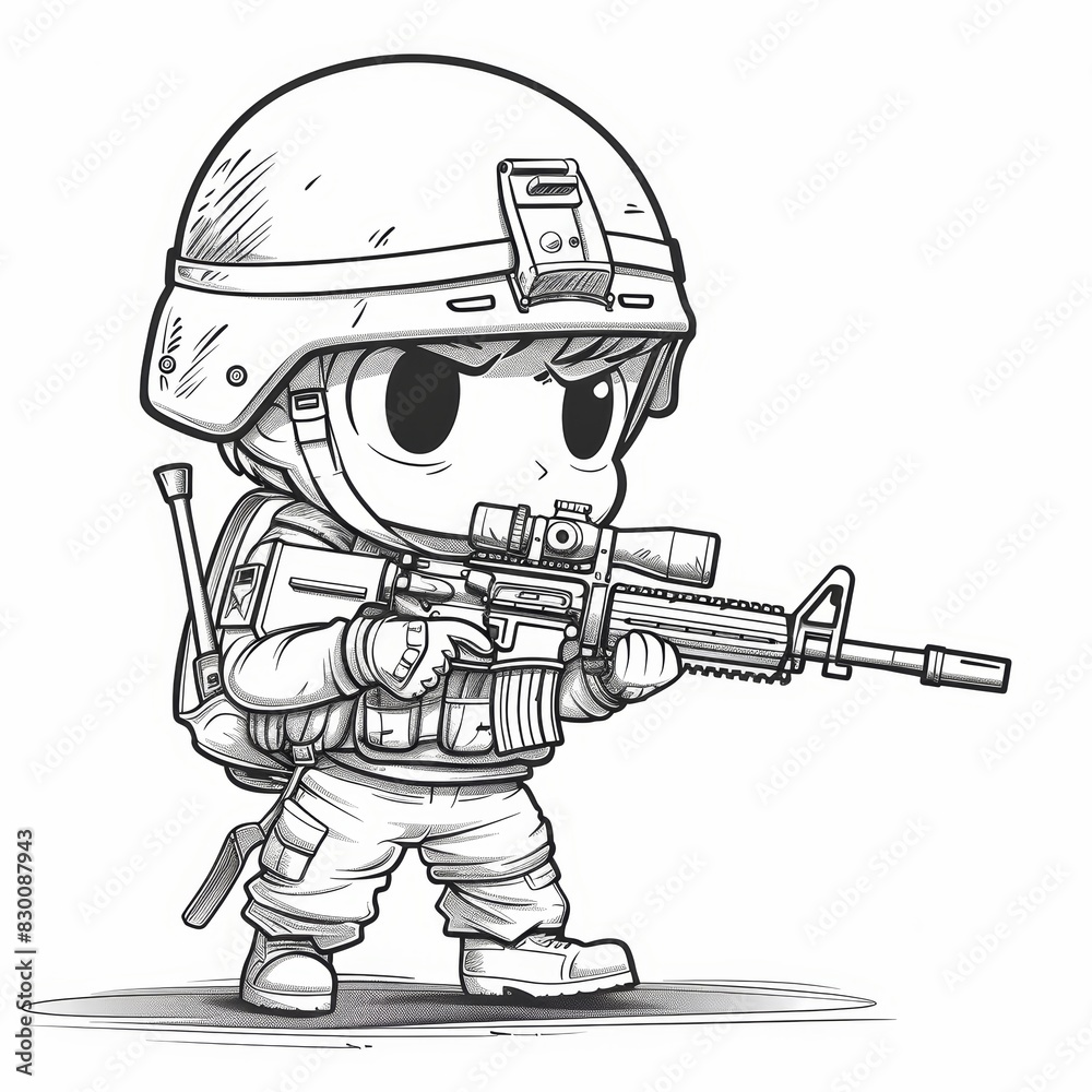 Commando Colouring In Coloring book page for kids of a cute chibi soldier in full gear ...