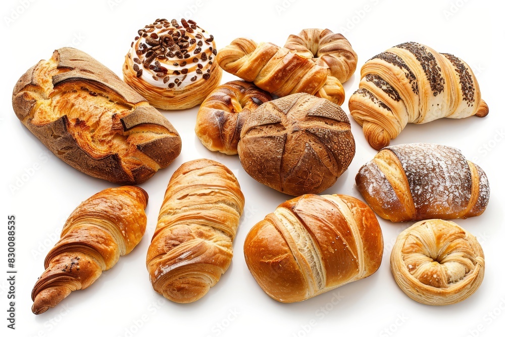 Realistic photograph of a complete Bread and pastry icons,solid stark white background, focused lighting Realistic photograph of a complete Bread and pastry icons,solid stark white background, focused lighting