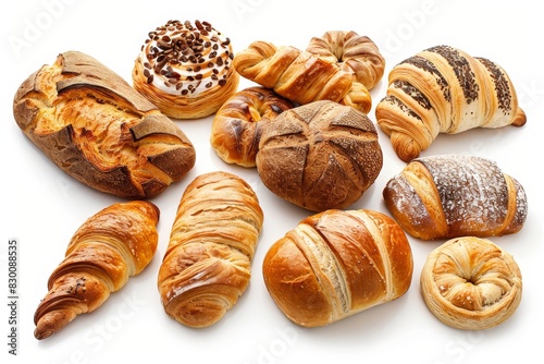 Realistic photograph of a complete Bread and pastry icons,solid stark white background, focused lighting