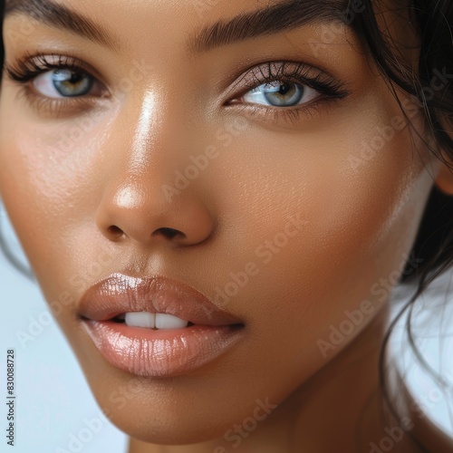 Close-up Portrait of a Beautiful Woman with Soft Makeup Generative AI photo