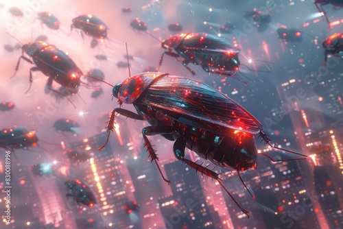 Futuristic robotic insects flying over a cityscape with neon lights, showcasing advanced technology and cyberpunk aesthetics.