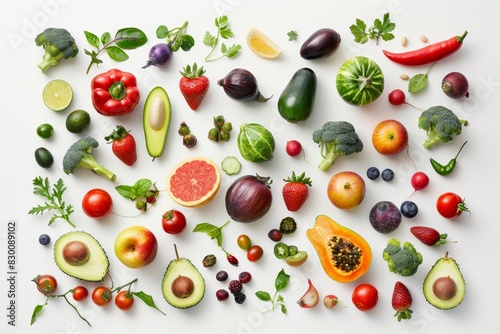 Realistic photograph of a complete Fruit and vegetable illustrations,solid stark white background, focused lighting