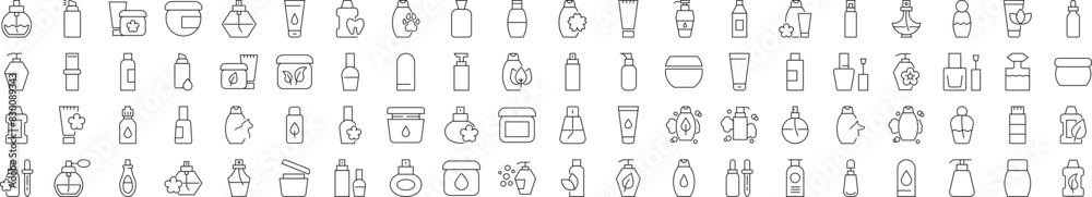 Collection of Icons of perfume, shower gel, shampoo, cream. Suitable for books, stores, shops. Editable stroke in minimalistic outline style. Symbol for design Collection of Icons of perfume, shower gel, shampoo, cream. Suitable for books, stores, shops. Editable stroke in minimalistic outline style. Symbol for design