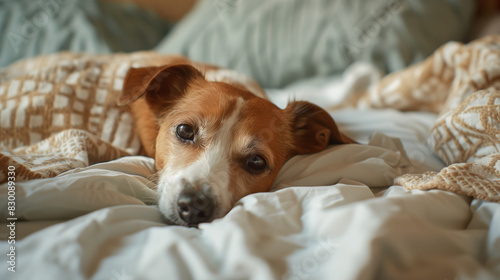 a dog lying in bed resting