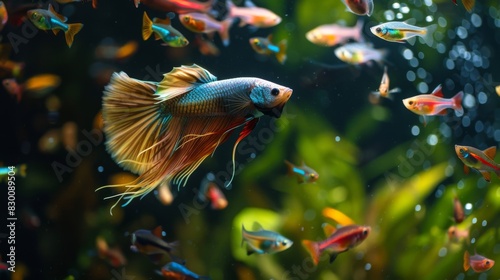 A betta fish chasing after a school of colorful tetras in a community aquarium, its natural hunting instincts on full display.