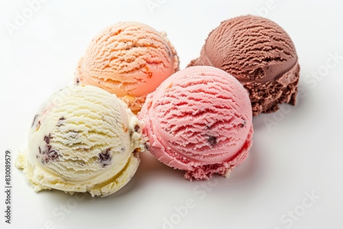 Realistic photograph of a complete Ice cream scoops,solid stark white background, focused lighting photo