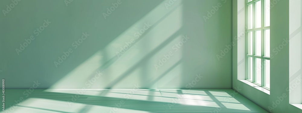 Fototapeta premium Soft Shadows and Warm Light Through Window on Minimalist Abstract Gray Background，Minimal abstract light gray background for product presentation. Windows on the white wall cast soft shadows and light