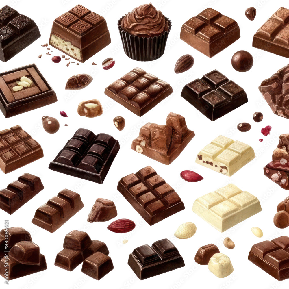 A variety of chocolate bars and pieces in different shapes and sizes. A variety of chocolate bars and pieces in different shapes and sizes.