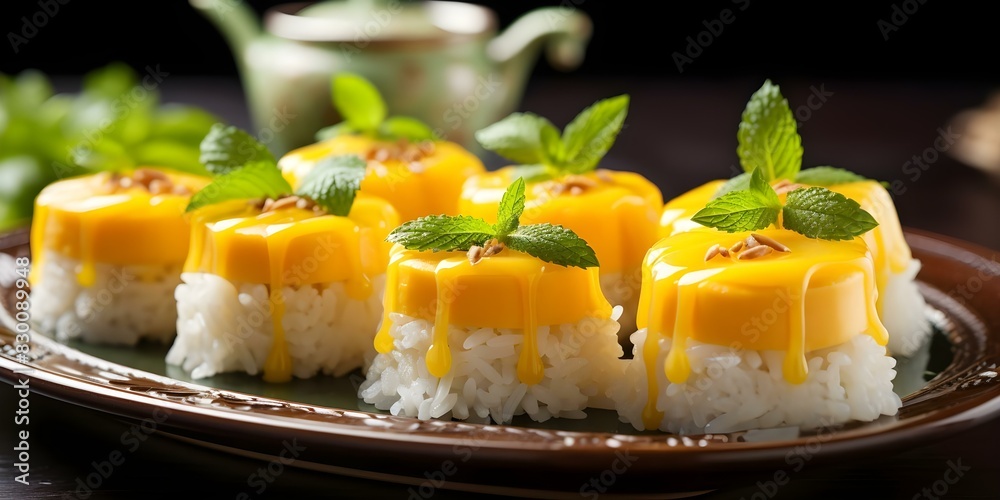Popular Southeast Asian Dessert: Sweet Sticky Rice with Fresh Mango and Coconut Milk. Concept South Asian Dessert, Mango Sticky Rice, Coconut Milk, Traditional Recipe, Sweet Treat Popular Southeast Asian Dessert: Sweet Sticky Rice with Fresh Mango and Coconut Milk. Concept South Asian Dessert, Mango Sticky Rice, Coconut Milk, Traditional Recipe, Sweet Treat