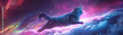 A majestic cat gracefully floats through a vibrant cosmic landscape, surrounded by colorful nebulas and stars. photo