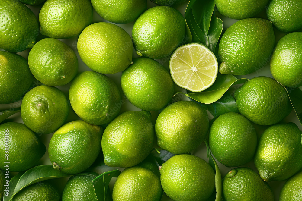 Fruit background top view lemon limes with green leaves. Vegetarian menu, vegan pattern, vegan card, flat lay style. Healthy detox vitamin texture, vegetarian food close up, copy space.