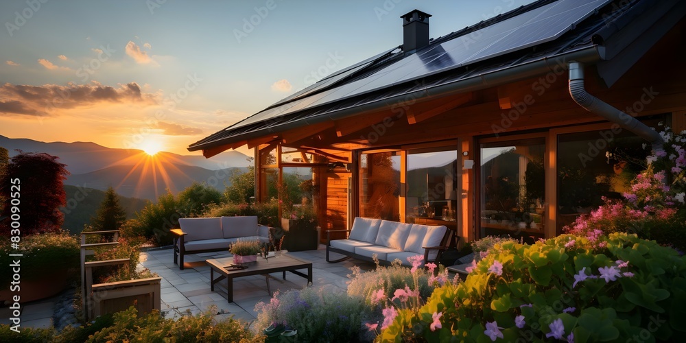 Obraz premium Sunset glow highlighting solar panels on a spacious family home. Concept Solar Panel Energy, Sustainable Living, Home Improvement, Eco-Friendly Technology, Sunset Photography
