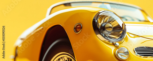 Close up de um carro esportivo amarelo, detalhes no farol redondo, fundo amarelo photo
