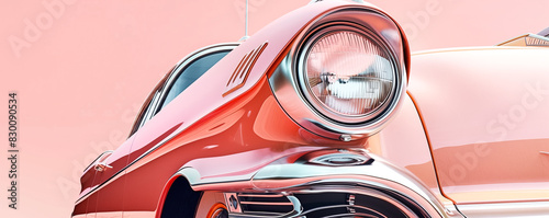 Close up de um carro antigo cor de pêssego, fundo na cor de Peach Fuzz