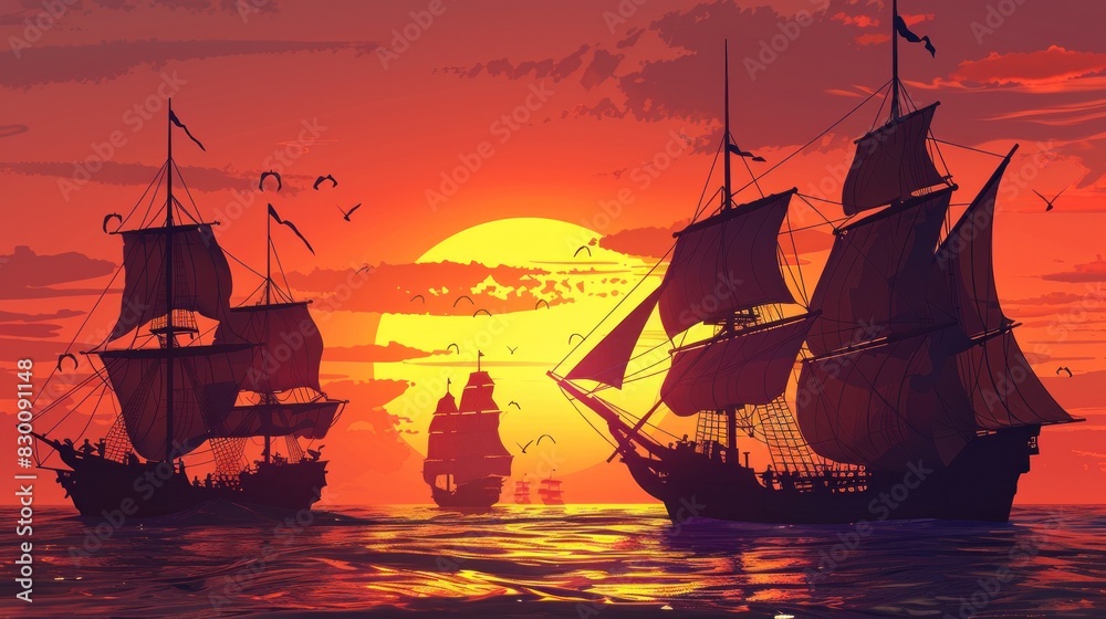Naklejka premium Pirate ship on the open sea with the crew preparing for battle with other ships as the sun sets.