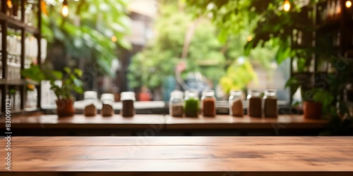 Product Display on Empty Wood Table in Blurred Coffee Shop Background. Concept Product Photography, Wooden Table, Blurred Background, Coffee Shop, Display Techniques
