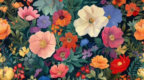 Bohemian floral wallpaper filled with colorful flowers and lush foliage.